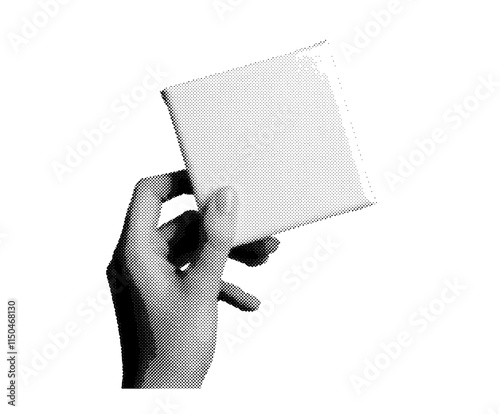 Empty canvas held by hand. Blank, clean paper designed for art, drawing, or painting, with a retro, vintage grayscale style. Vector illustration isolated on white background.