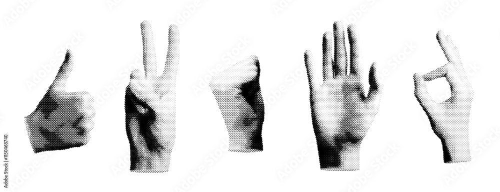 Hand gesture set with signs like thumbs up, peace, victory, fist, palm, and okay. Retro, vintage grayscale design with halftone and dotted texture. Vector illustration isolated on Hand gesture set with signs like thumbs up, peace, victory, fist, palm, and okay. Retro, vintage grayscale design with halftone and dotted texture. Vector illustration isolated on