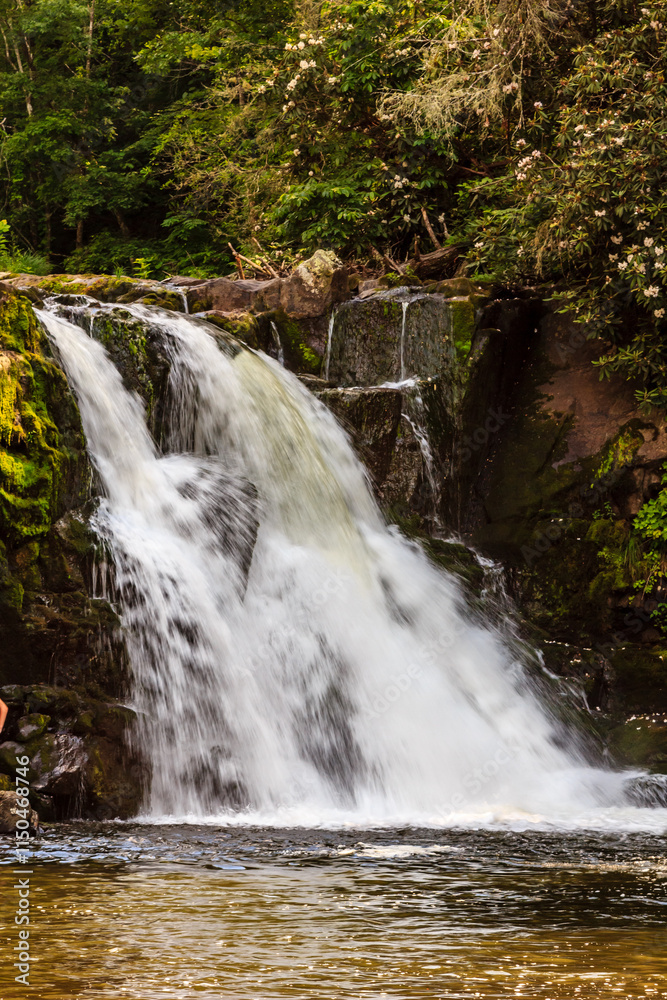 A waterfall is flowing into a river A waterfall is flowing into a river