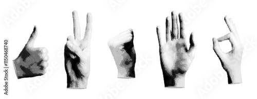 Hand gesture set with signs like thumbs up, peace, victory, fist, palm, and okay. Retro, vintage grayscale design with halftone and dotted texture. Vector illustration isolated on