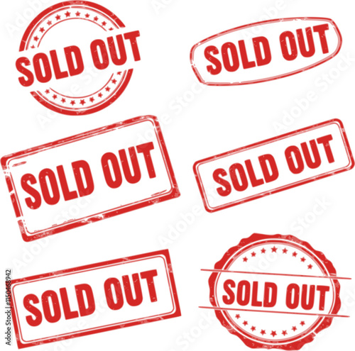 set of Sold Out red ink rubber stamp sign symbol seal badge dusty grunge effect sold sell selling seller shopping product store not available denied tag vignette