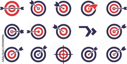 Target icon set aim goal business success arrow purpose sign symbol game challenge accuracy efficiency black flat design