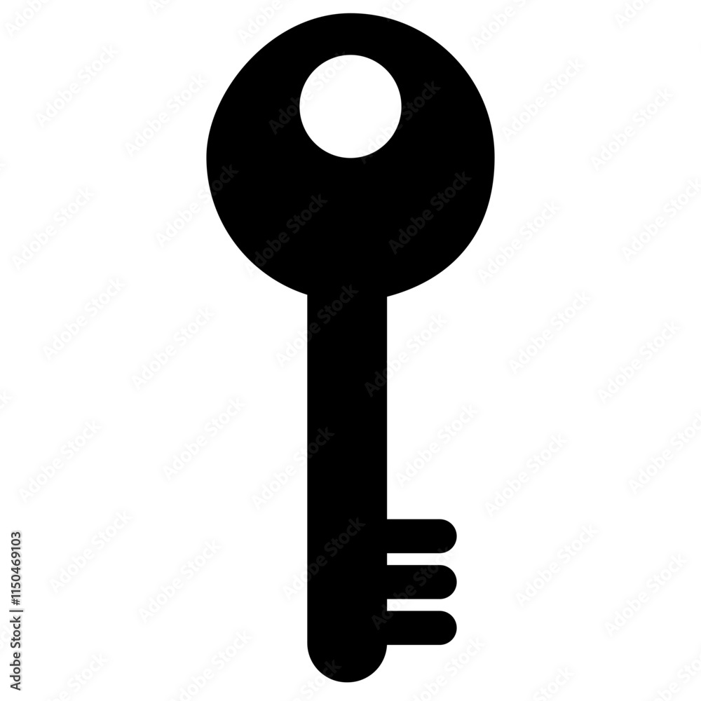 A minimalistic black silhouette of a key icon with a circular head and rectangular teeth on a transparent background. A minimalistic black silhouette of a key icon with a circular head and rectangular teeth on a transparent background.