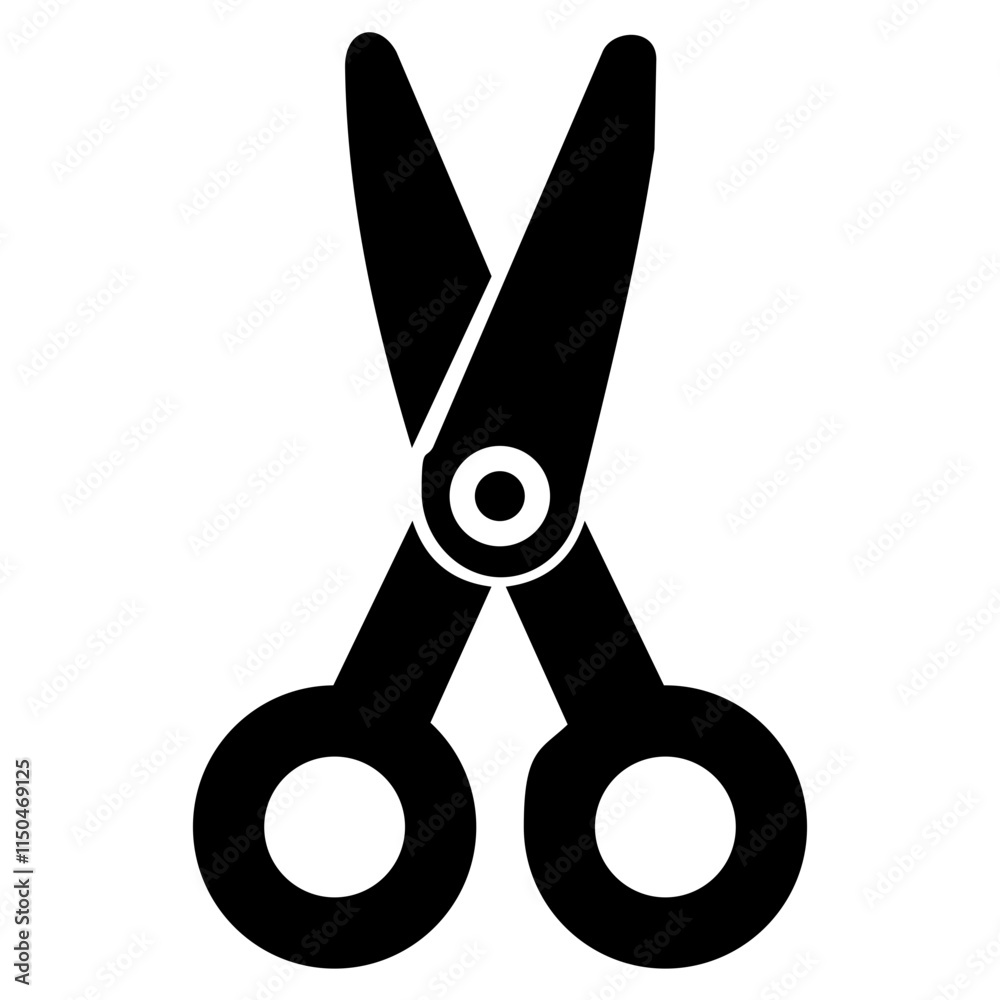 Black silhouette of a pair of scissors on a white background, representing tools for cutting objects with precision and versatility. Black silhouette of a pair of scissors on a white background, representing tools for cutting objects with precision and versatility.