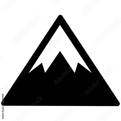 Black and white mountain icon featuring a stylized peak with a snow-capped summit, enclosed within a triangular shape, on a transparent background.