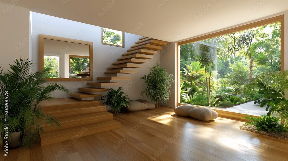 Fototapeta premium Modern Tropical Home Interior Design with Wooden Staircase