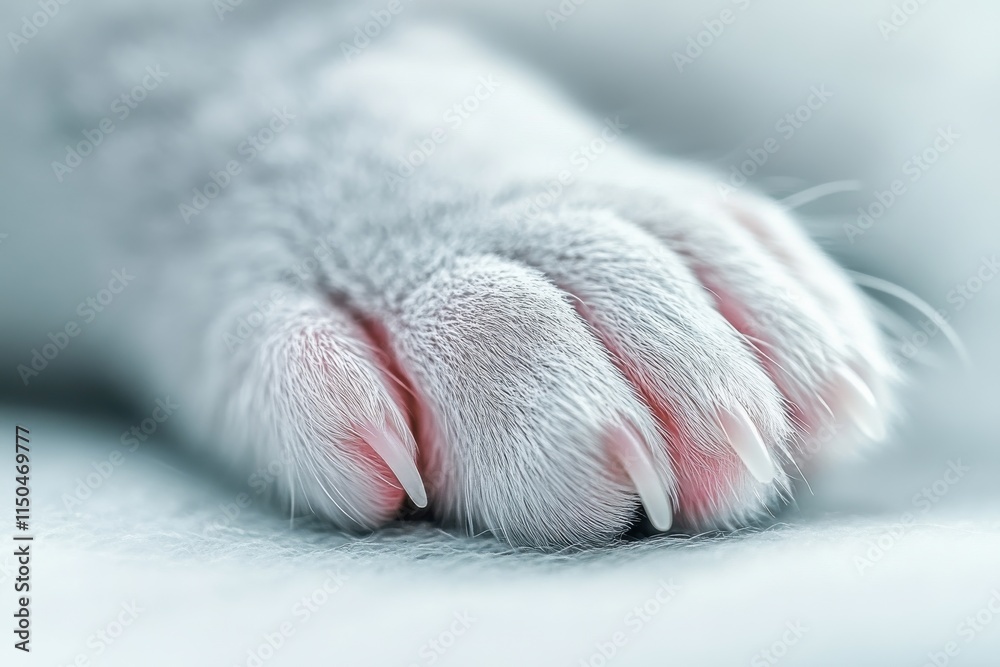 Close-Up of a Tiny White Paw with Soft Pink Pads and Delicate Claws, Set Against a Soft Neutral Background in Gentle Lighting for Macro Photography Close-Up of a Tiny White Paw with Soft Pink Pads and Delicate Claws, Set Against a Soft Neutral Background in Gentle Lighting for Macro Photography