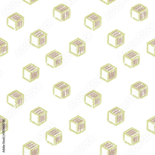 Seamless abstract geometric pattern with squares, cubes. Green, brown, white colors. Illustration. Chaotic texture. Design for textile fabrics, wrapping paper, background, wallpaper, cover.