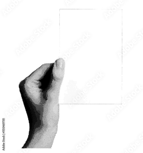 Hand holding a blank paper card or postcard in a vertical position. Retro, vintage grayscale design with halftone and dotted texture. Vector illustration isolated on white
