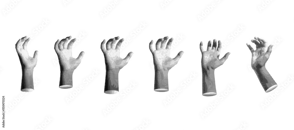 Hand grasping or holding with fingers bent and curved. Retro, vintage grayscale design with halftone and dotted texture, grip or capture action. Vector illustration isolated on Hand grasping or holding with fingers bent and curved. Retro, vintage grayscale design with halftone and dotted texture, grip or capture action. Vector illustration isolated on