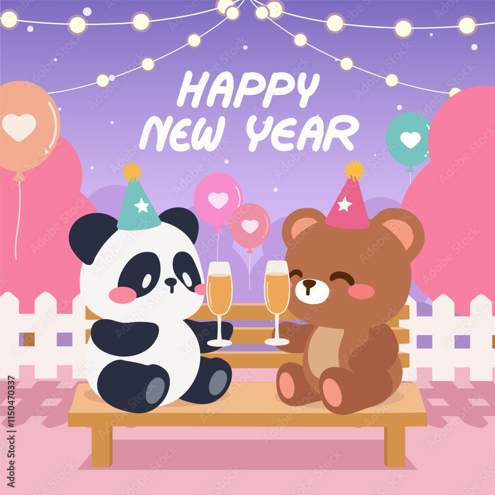 Fototapeta premium Kawaii Panda and Bear Celebrating New Year with Balloons and Lights. Happy New Year Illustration with Cute Animal Friends. Adorable New Year Party Scene Featuring a Panda and Bear.
