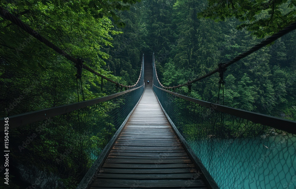 Wooden suspension bridge crossing a lush green forest Wooden suspension bridge crossing a lush green forest