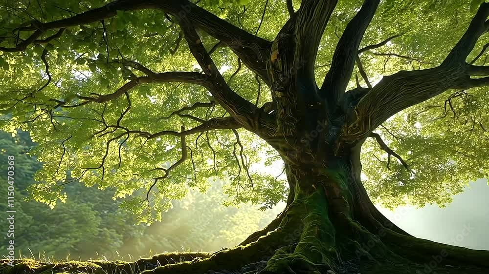 Majestic Ancient Tree in Sunlit Forest with Sprawling Roots and Canopy Majestic Ancient Tree in Sunlit Forest with Sprawling Roots and Canopy