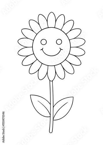 A sunflower coloring page featuring a large, detailed sunflower with bold outlines, surrounded by leaves and a sunny background, perfect for kids and adults to color creatively!