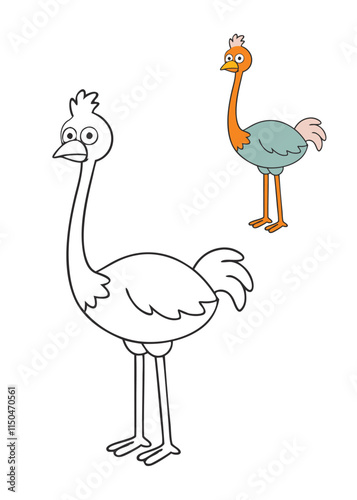 A fun ostrich coloring page featuring a tall, elegant bird with long legs, fluffy feathers, and a distinctive long neck. Great for creativity and nature lovers!