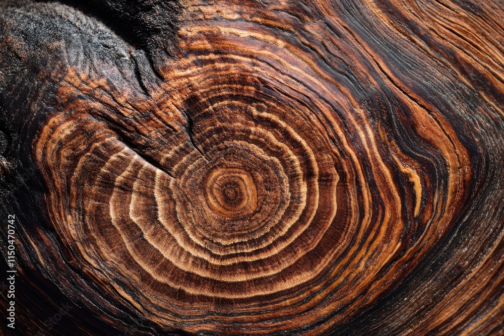 Fototapeta premium Close-Up of Dark Walnut Wood Grain with Rich Tones and Deep Streaks Captured in Soft Directional Lighting Against a Simple Background