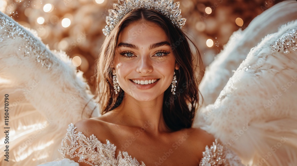 Young female model with a radiant smile and with large dark feathered wings.