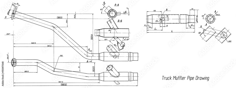 Obraz premium Truck muffler pipe assembly drawing. Engineering mechanical draft of cargo vehicle. Industrial cad scheme on white paper sheet. Technology design of machine building industry. Machined template.