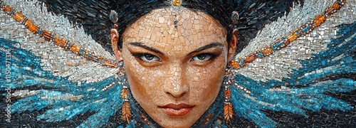 Woman with striking blue and orange feathers creating a captivating mosaic artwork photo