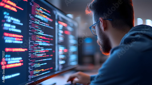 IT Specialist Analyzing Server Codes on Large Monitor in Modern Workspace