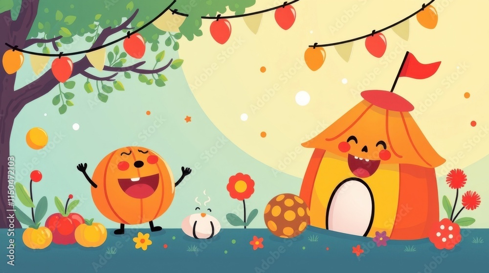 Cheerful pumpkin characters at a festive outdoor gathering vibrant background playful illustration whimsical atmosphere Cheerful pumpkin characters at a festive outdoor gathering vibrant background playful illustration whimsical atmosphere