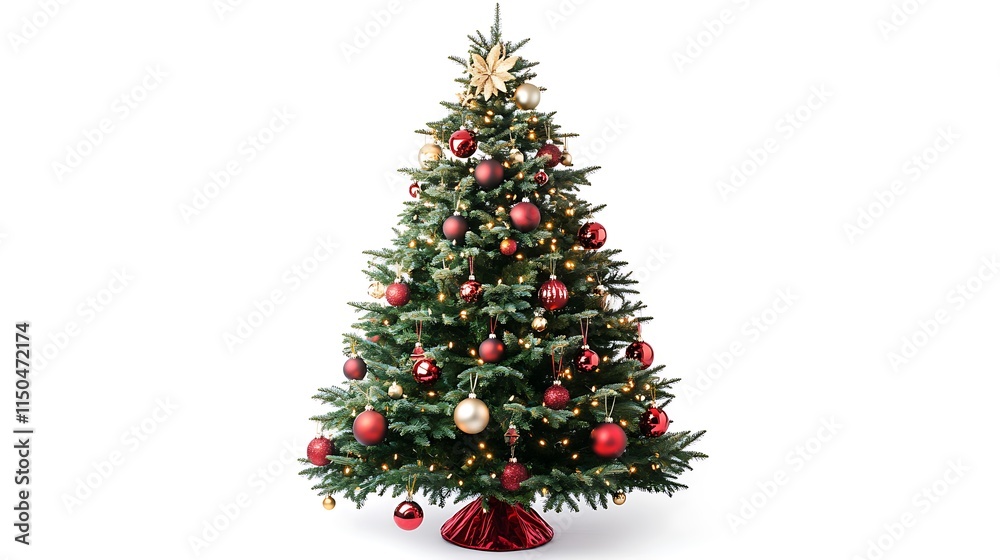 A decorated Christmas tree with red and gold ornaments, lights, and presents. A decorated Christmas tree with red and gold ornaments, lights, and presents.