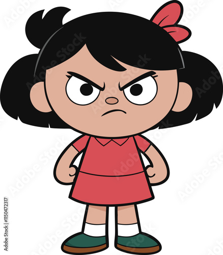 Angry Cartoon Girl: A young girl with black hair and a red dress stands with her arms on her hips and an angry expression on her face