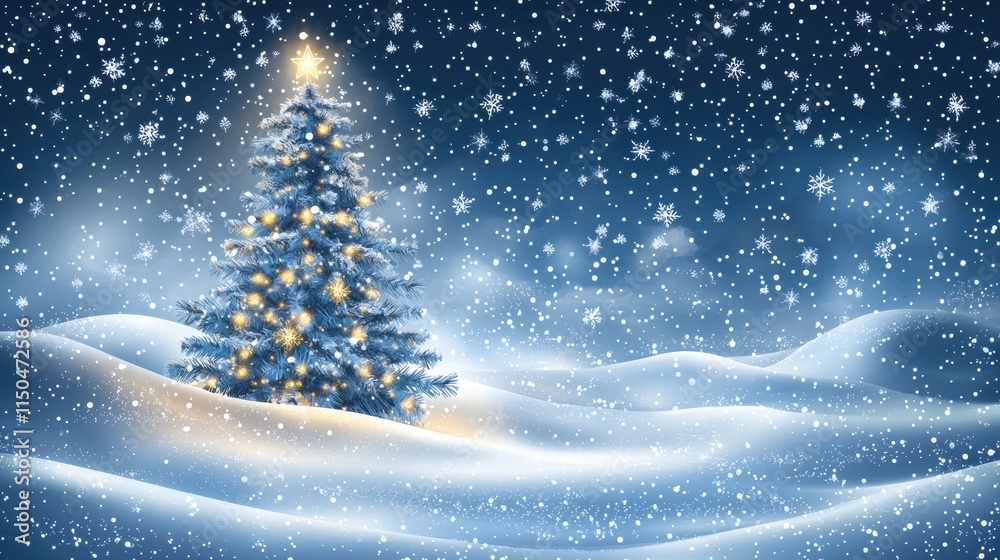 Snowy Christmas Tree with Sparkling Lights in Winter Wonderland Scene Snowy Christmas Tree with Sparkling Lights in Winter Wonderland Scene