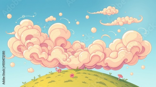Whimsical cloud formation over rolling green hills fantasy landscape background bright sky digital art