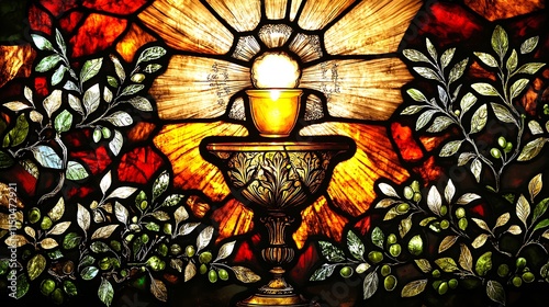 A luminous stained glass depiction of a priest anointing with holy oil, the golden vessel glowing amidst olive branches, healing rays, and intricate celestial motifs, photo