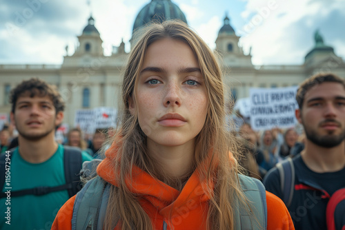 Climate march united many voices in front of a historic building in the city photo