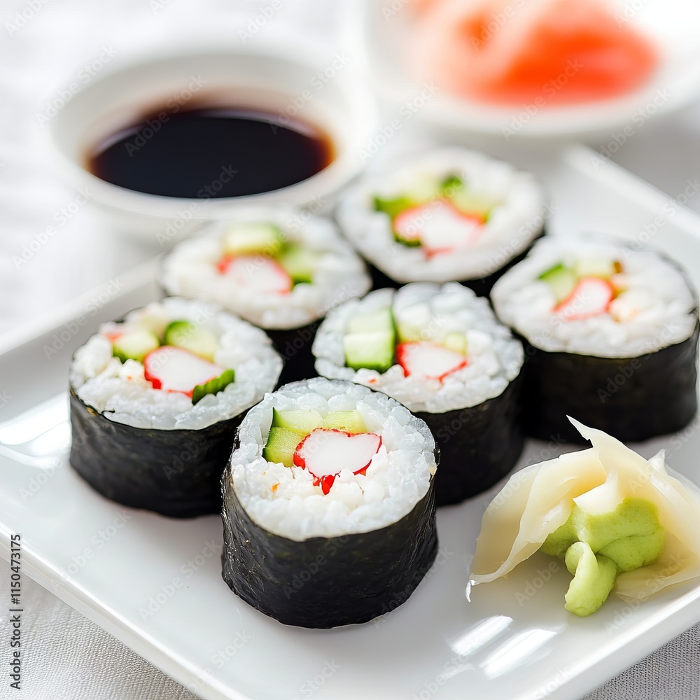 A delightful plate of fresh sushi rolls with a variety of fillings like avocado, cucumber, and crab A delightful plate of fresh sushi rolls with a variety of fillings like avocado, cucumber, and crab