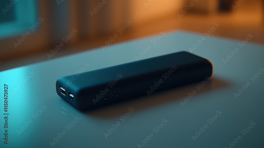 Black portable charger on table. Black portable charger on table.