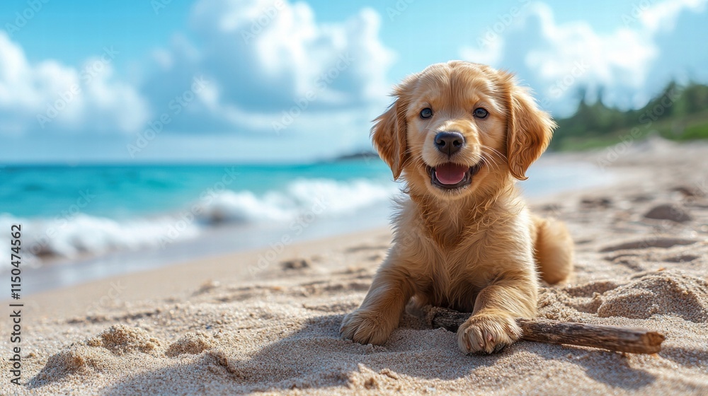 Happy Golden Retriever Puppy Playing on Sandy Beach by Ocean Happy Golden Retriever Puppy Playing on Sandy Beach by Ocean