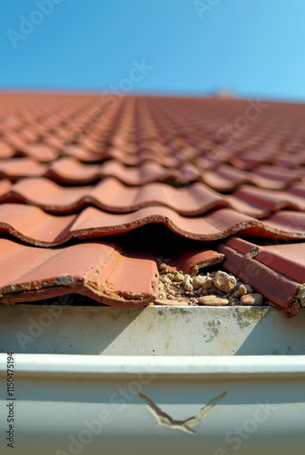 Broken and Old Ceramic Tiles on a Damaged Roof in Clear Sunny Weather