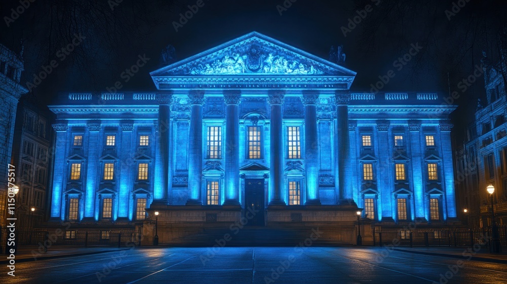 Fototapeta premium Blue-lit classical building at night.