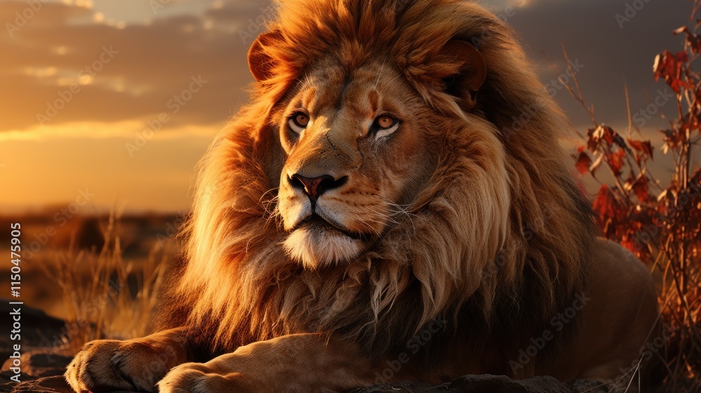 Naklejka premium Majestic African Lion at Sunset: A Portrait of Power and Serenity