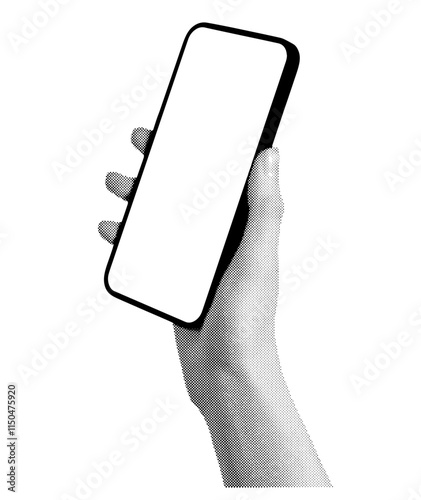 Hand holding a smartphone at an angle with a blank screen. Retro, vintage grayscale design with halftone. Vector illustration isolated on white background.