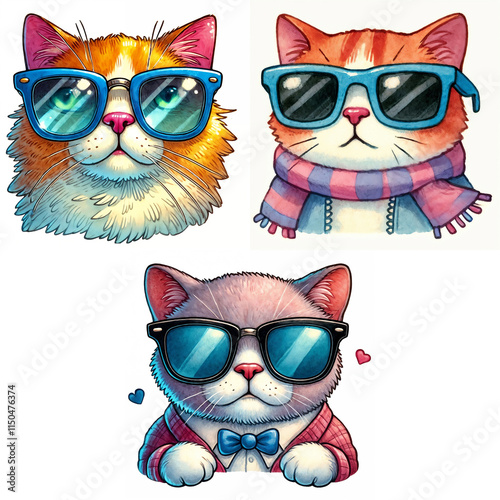 Cute cats in stylish sunglasses express playful personalities in vibrant artwork