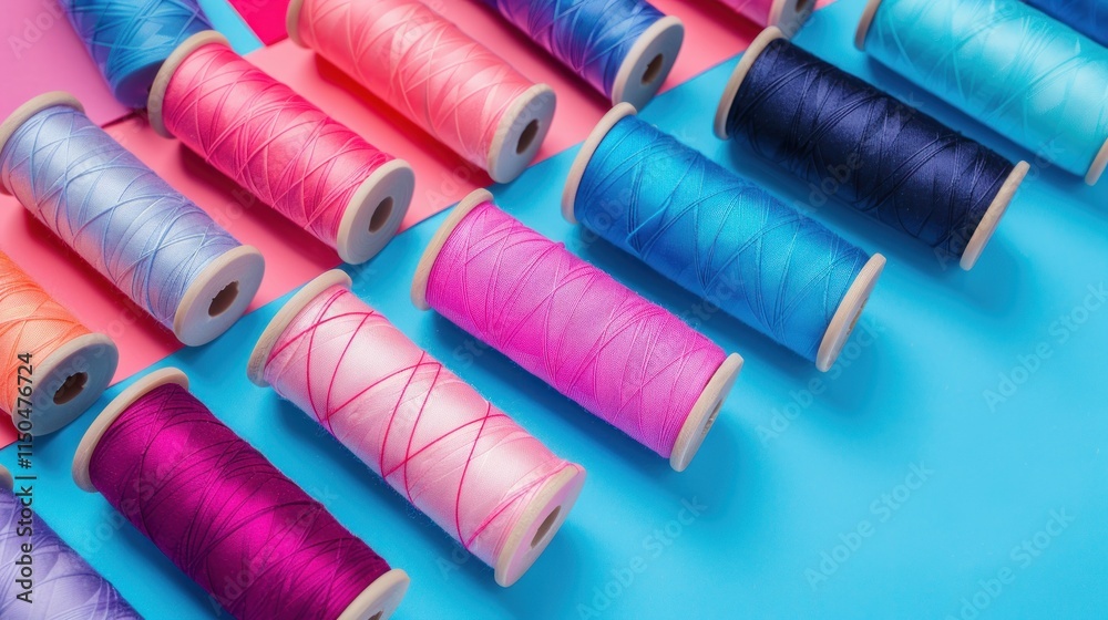 Vibrant Colorful Threads Arranged on a Blue and Pink Background Vibrant Colorful Threads Arranged on a Blue and Pink Background