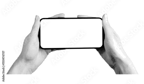 Hand holding a smartphone horizontally with a blank screen. Retro, vintage design with halftone texture. Vector illustration in black and white, isolated on a white background.