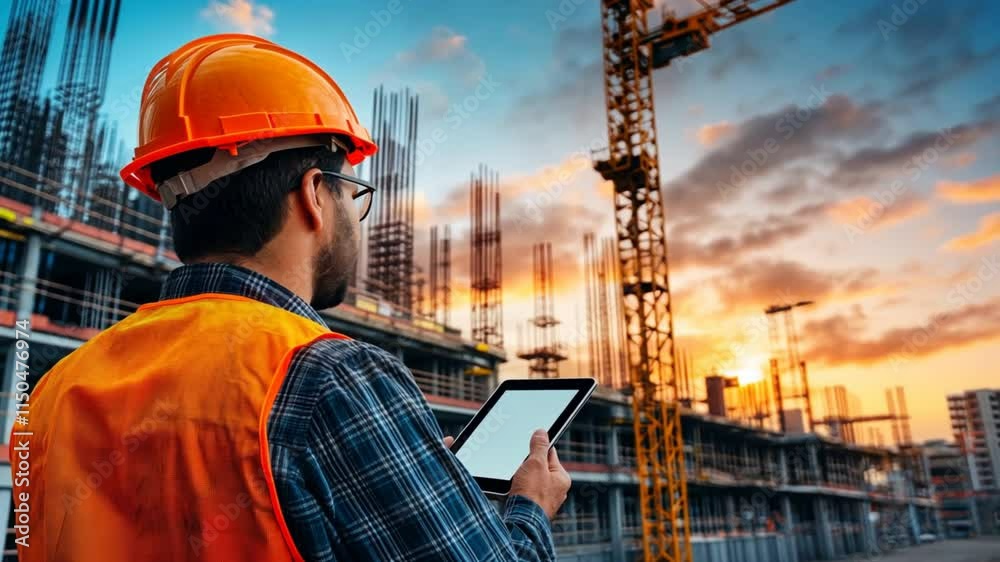 Engineer controlling a crane with a tablet, monitoring the equipment movement on a high-tech construction site