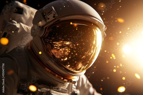 Astronaut in space suit gazes at distant stars with a glowing light source illuminating the helmet photo