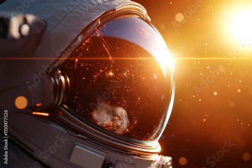 Astronaut gazing at distant stars and a glowing sun in the vastness of space during a cosmic expedition photo