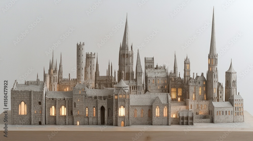 Obraz premium Illuminated miniature medieval city skyline model.