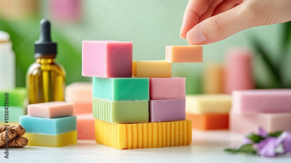 Colorful handmade soap bars stacked, hand placing a piece, aromatherapy oils nearby. Colorful handmade soap bars stacked, hand placing a piece, aromatherapy oils nearby.