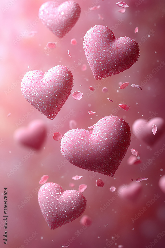 Fototapeta premium Paper pink hearts flying on a soft pink background with copy space.