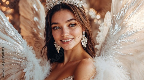 Young female model with a radiant smile and flowing dark hair with large feathered wings. 