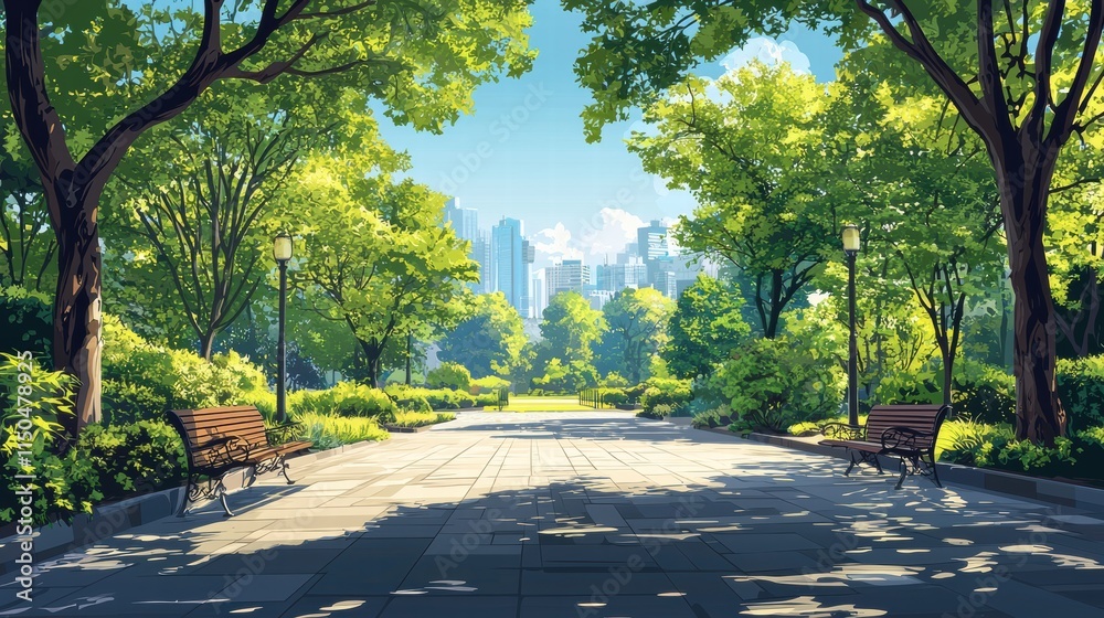 Serene Urban Park Pathway with Lush Greenery and City View Serene Urban Park Pathway with Lush Greenery and City View