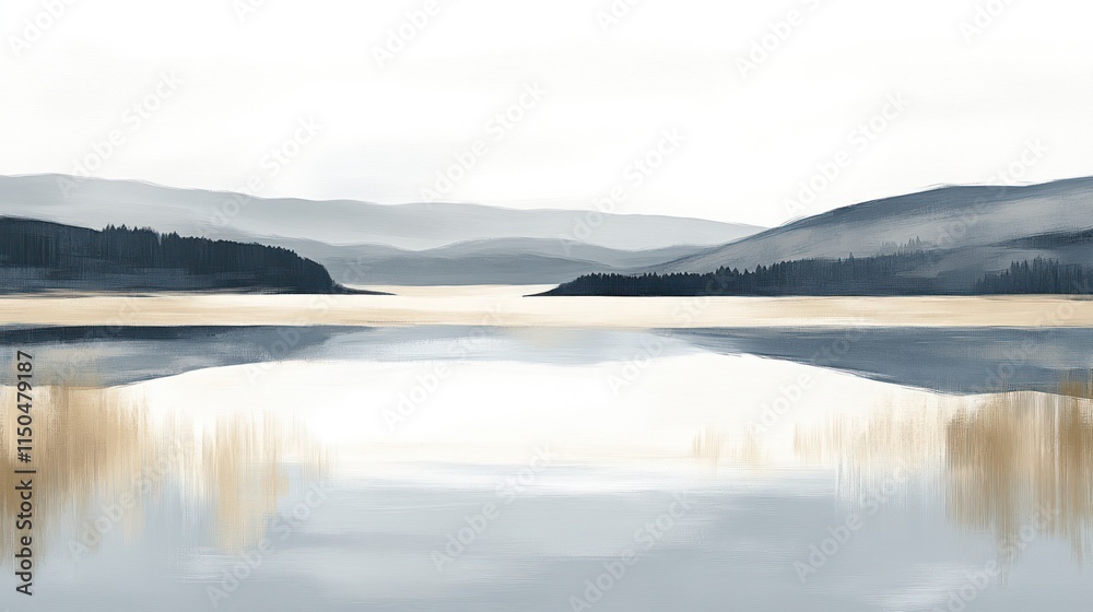 Fototapeta premium Serene landscape painting of a calm lake reflecting mountains and sky in muted blue, beige, and grey tones.